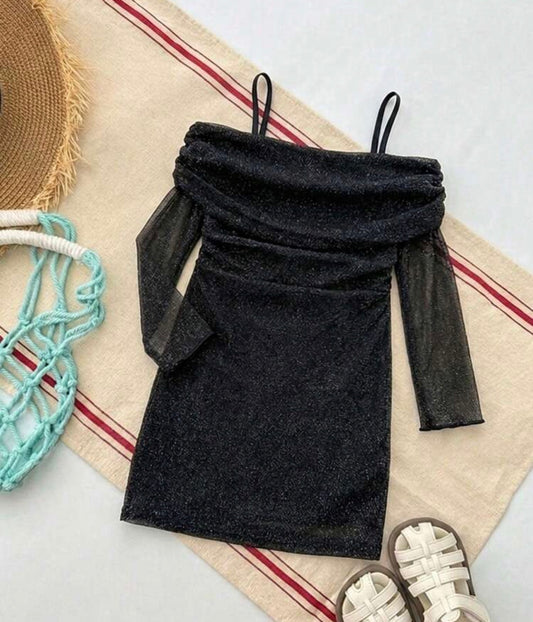 Mesh & Glitter One-Shoulder Wrap Dress