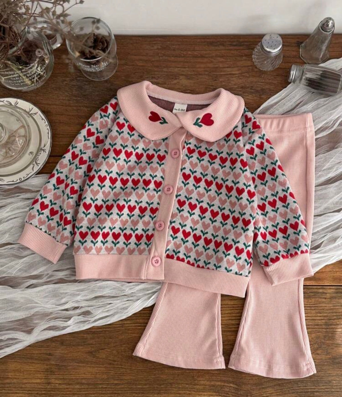 2Pcs/Set Peter Pan Collar Top + Flared Long Pants Two Pieces Set