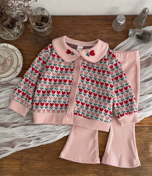 2Pcs/Set Peter Pan Collar Top + Flared Long Pants Two Pieces Set