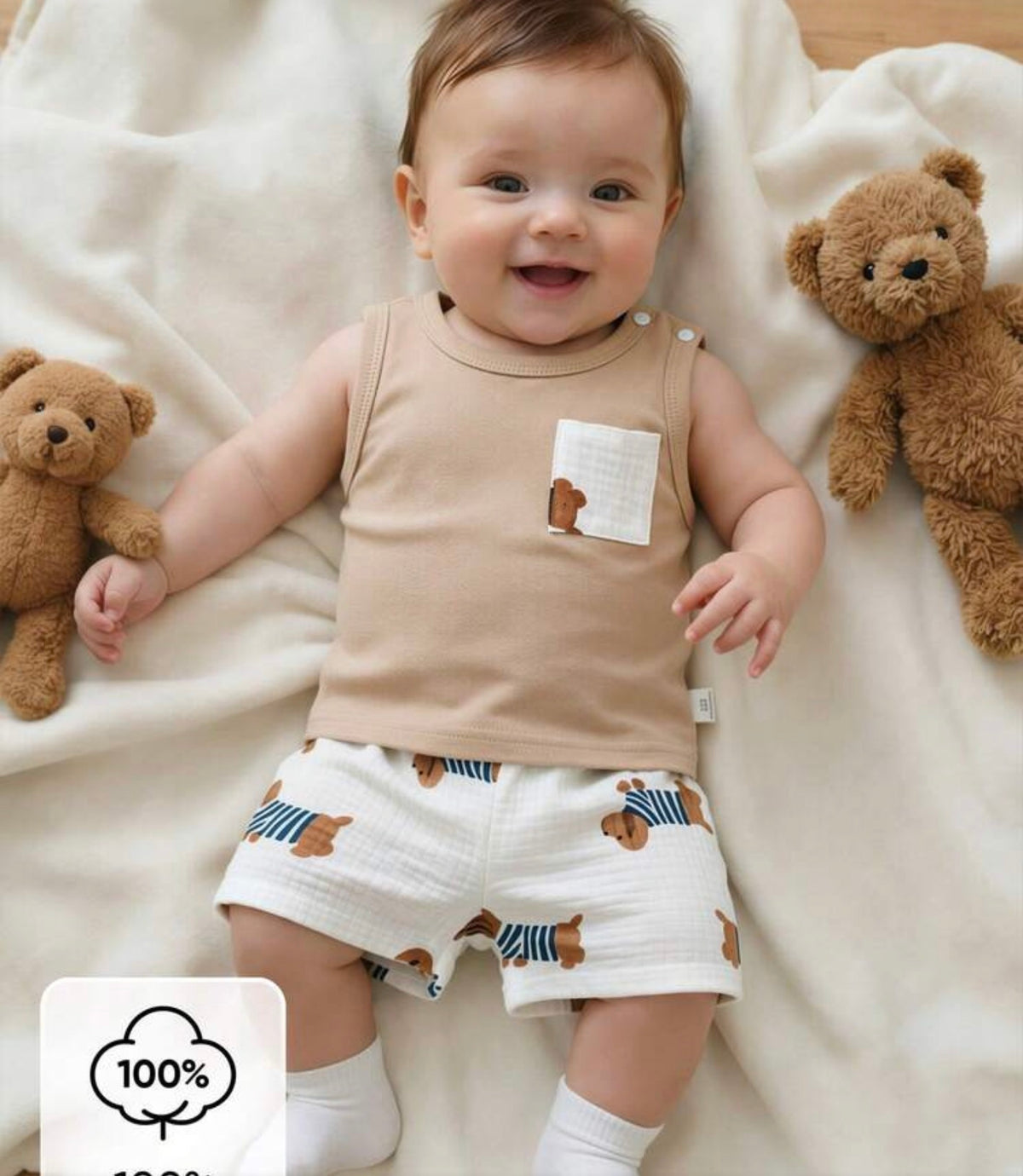 Puppy Print Newborn 2 PCS Set Soft Textured Sleeveless Tank Top Paired With Cute Puppy Pattern Shorts