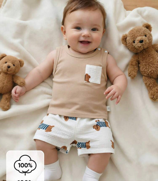 Puppy Print Newborn 2 PCS Set Soft Textured Sleeveless Tank Top Paired With Cute Puppy Pattern Shorts