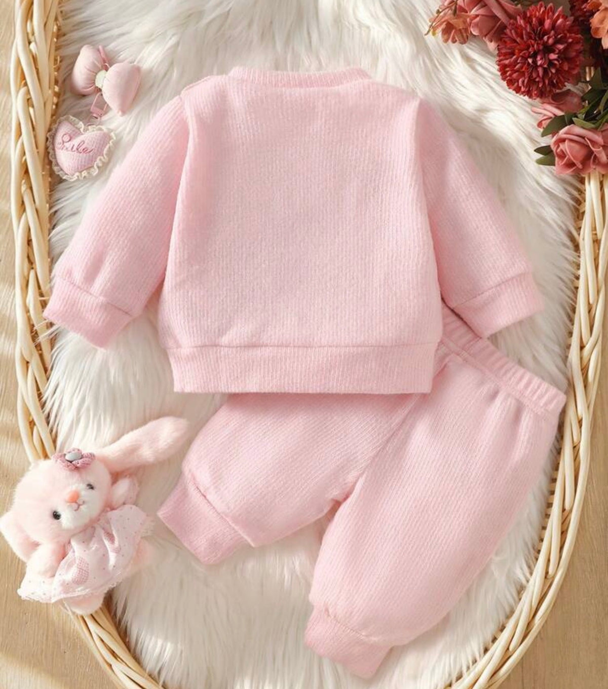 Pink Cute Rabbit Embroidered Long Sleeved Two Pieces Set
