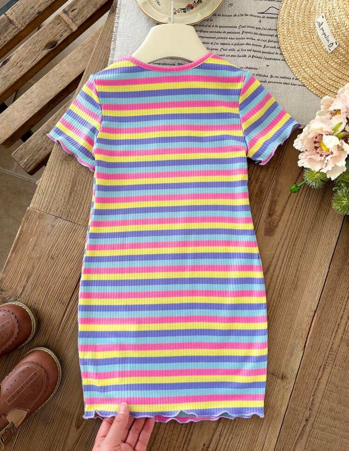 Knitted Striped Round Neck 3D Floral Casual Dress