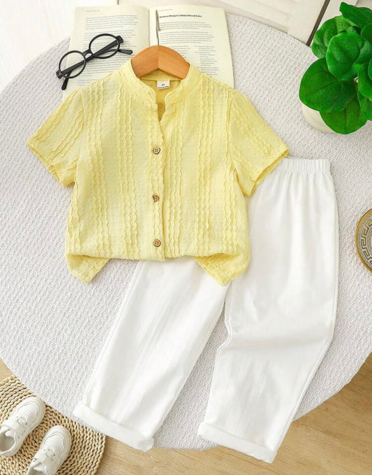 Chinese Collar Short Sleeve Outfit & Yellow Textured Shirt & Straight Leg Pants