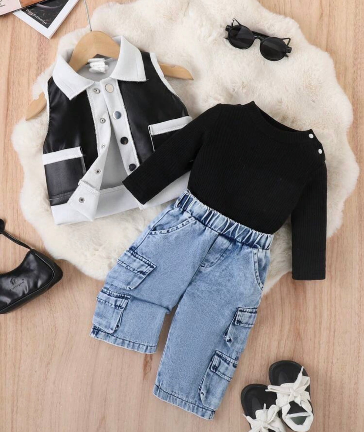3pcs Baby Street Style Fluffy Jacket Vest Pants Set, Autumn/Winter