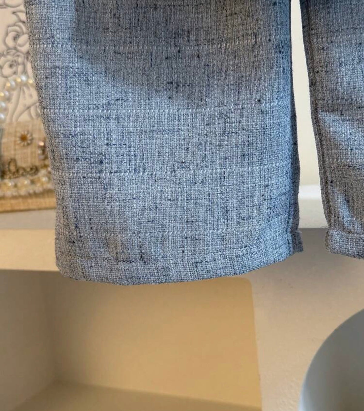 2 Pieces Set, Light Blue Tweed Short Blazer Paired With Matching Wide Leg Pants