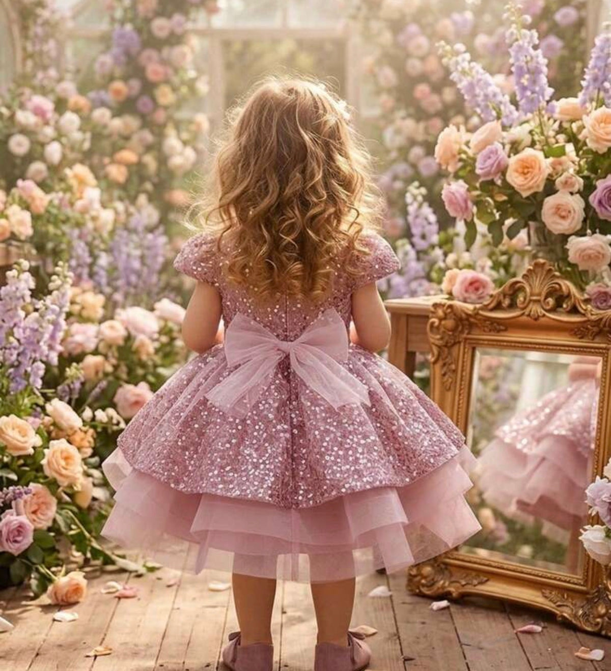 Baby Girls Short Sleeve Bow Sequin Tulle Cute Flower Girl Puff Dress