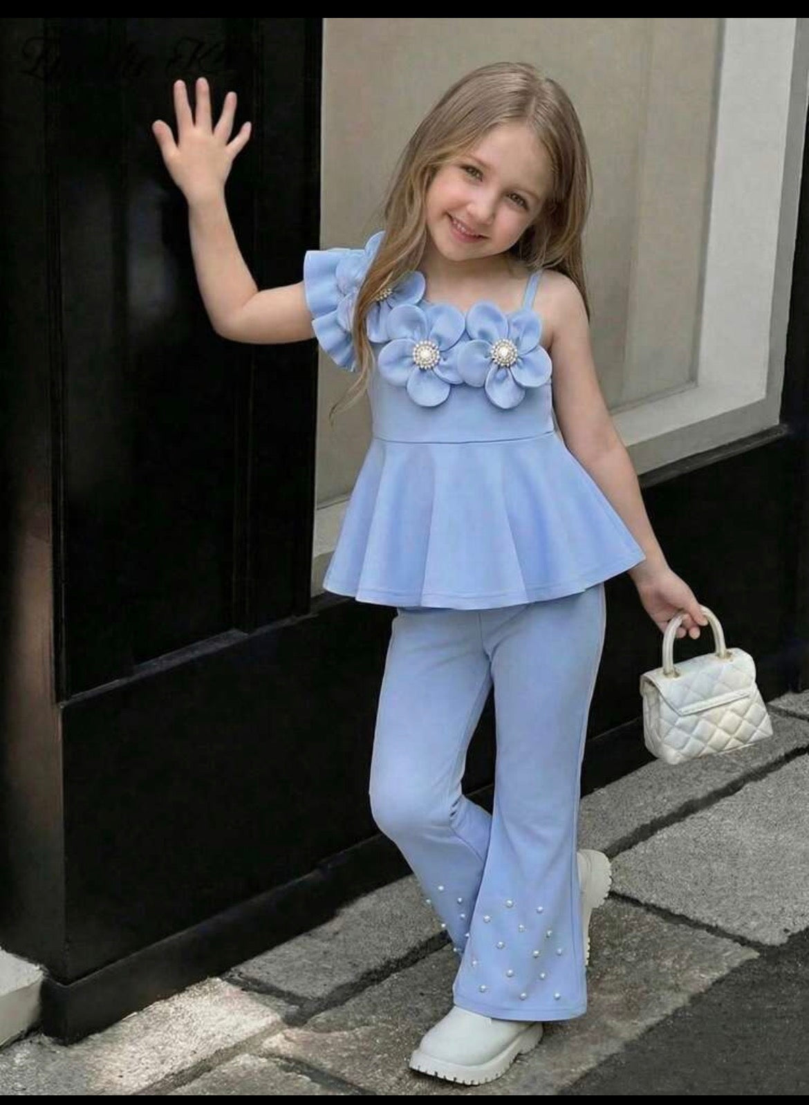 3D Floral Pearl Decor Asymmetric Hem Top + Flare Pants 2pcs Set