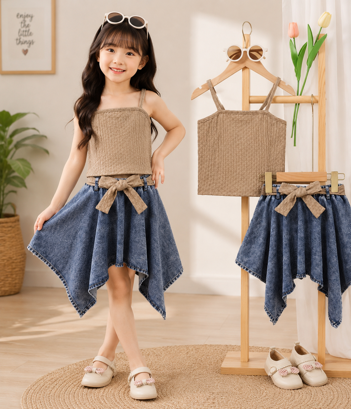 2pcs/Set Top & Asymmetrical Denim Skirt