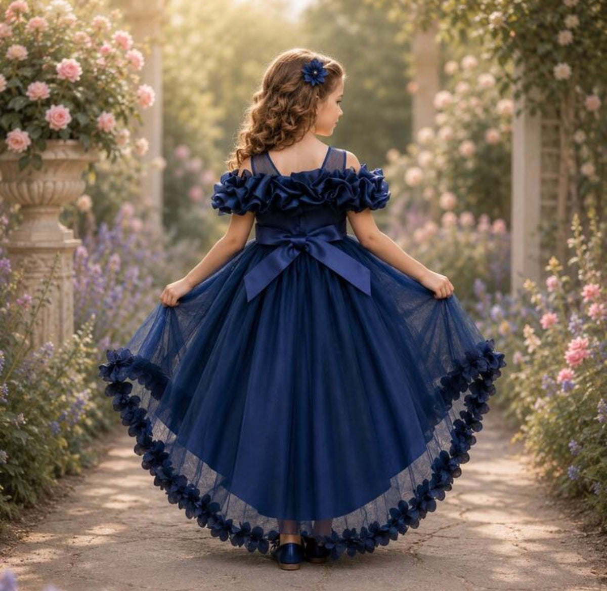 Lace Beaded Floral Petal Elegant Asymmetric Hem Flower Girl Wedding Party Princess Dress