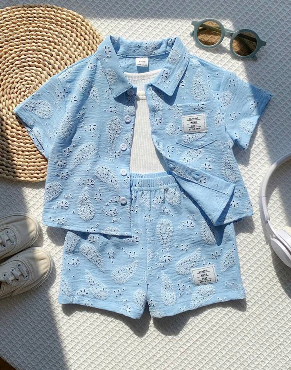 2pcs Baby Blue Shirt And Blue Shorts