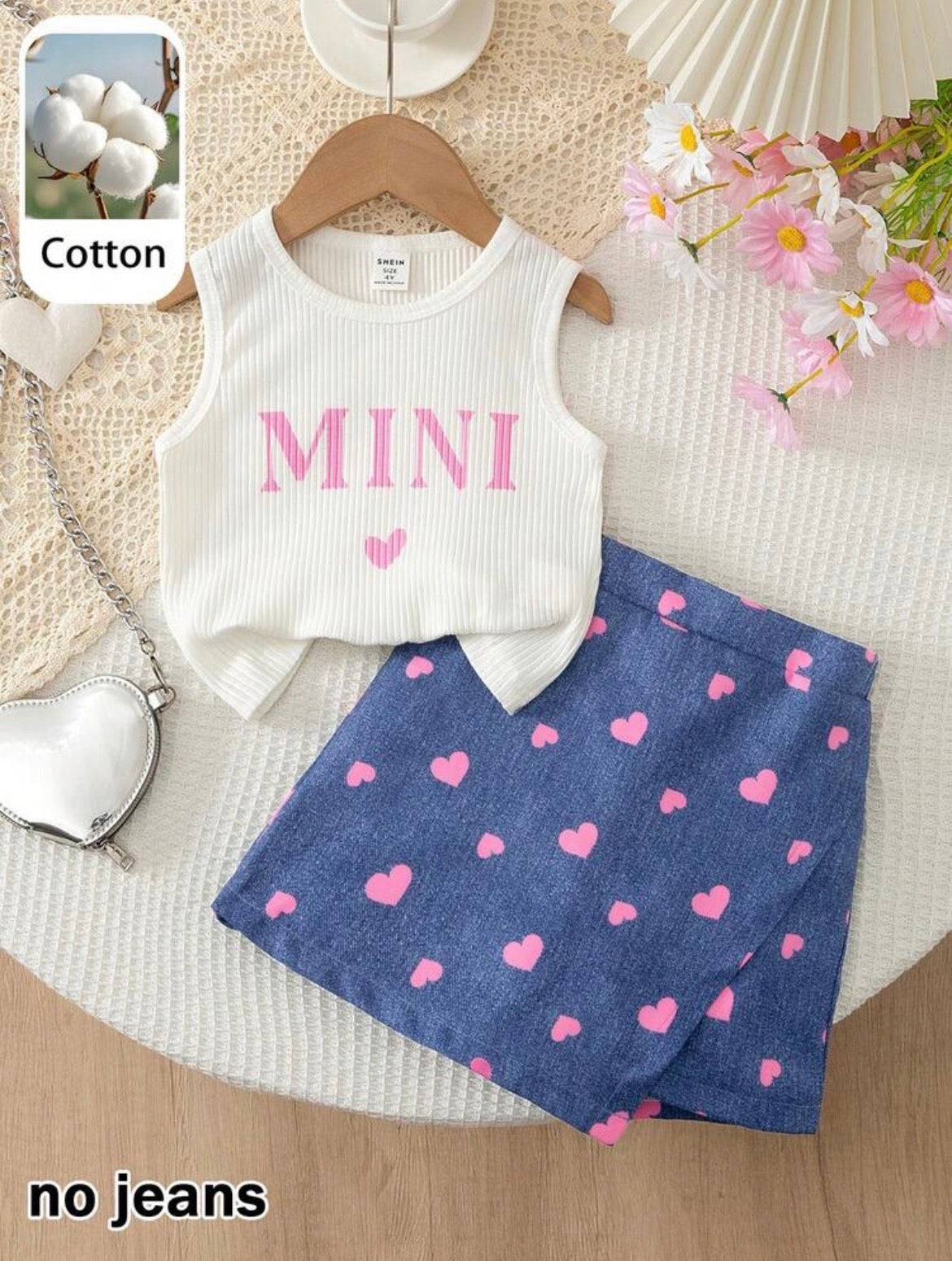 White Knit Ribbed Letter Print Crew Neck Sleeveless Pullover Top + Denim Blue Heart Print Skort