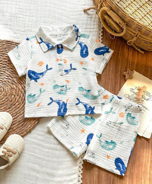 Dolphin Print Short Sleeve Button-Down Shirt And Shorts