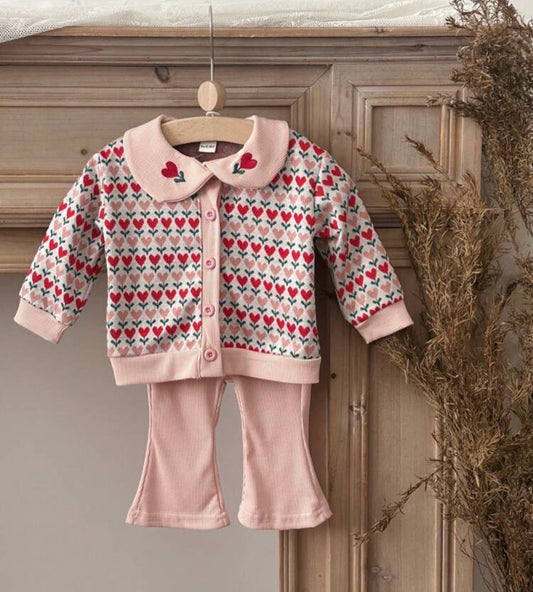 2Pcs/Set Peter Pan Collar Top + Flared Long Pants Two Pieces Set