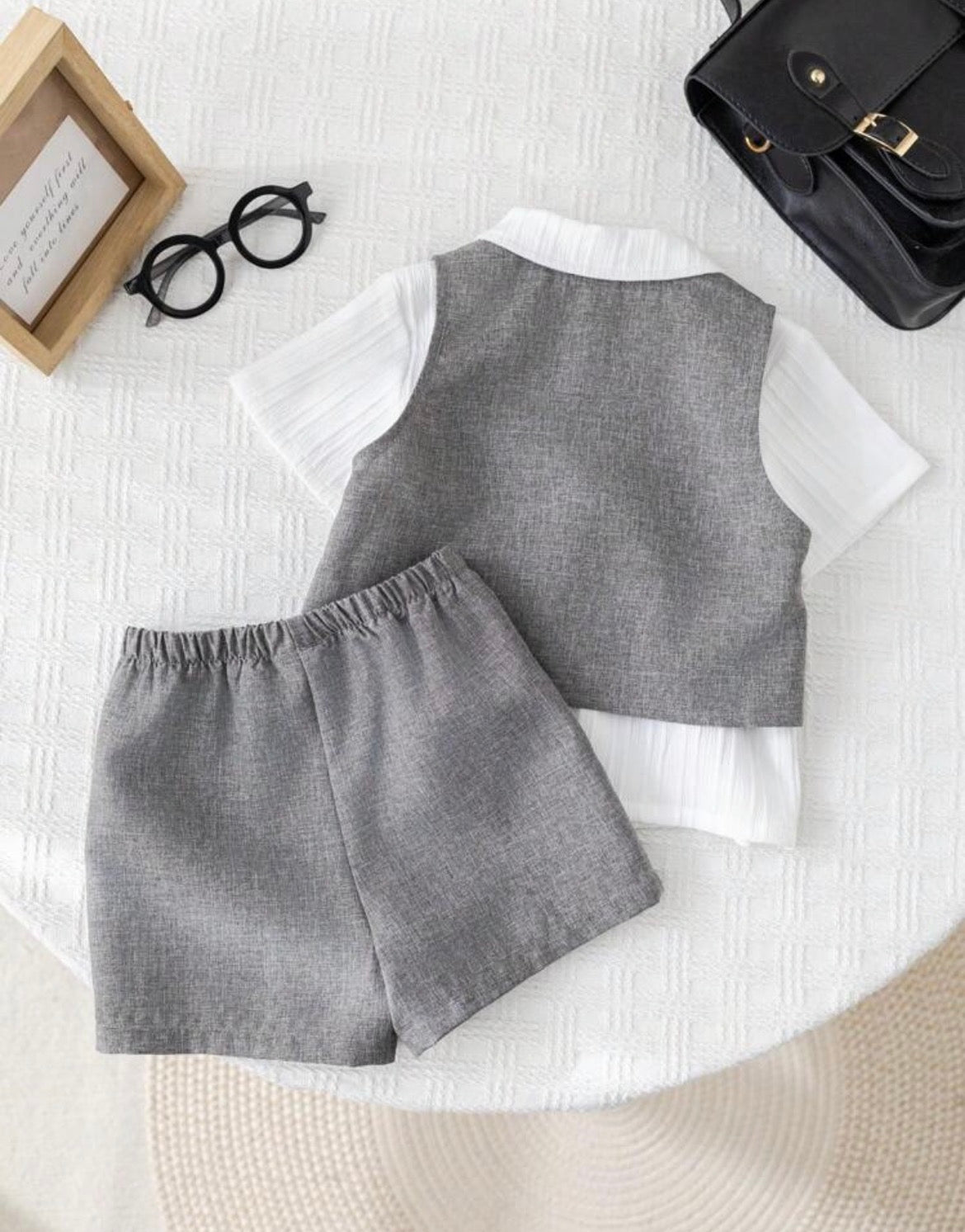 Korean Grey Double-Breasted Vest And Shorts Set