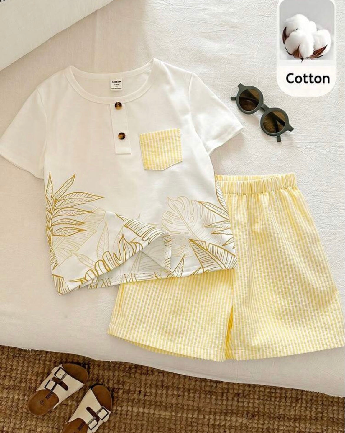 2pcs/Set Plant Pattern Short Sleeve T-Shirt And Striped Shorts
