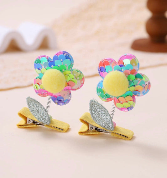 2pcs Children's Colorful Flower Hair Clips With Spring