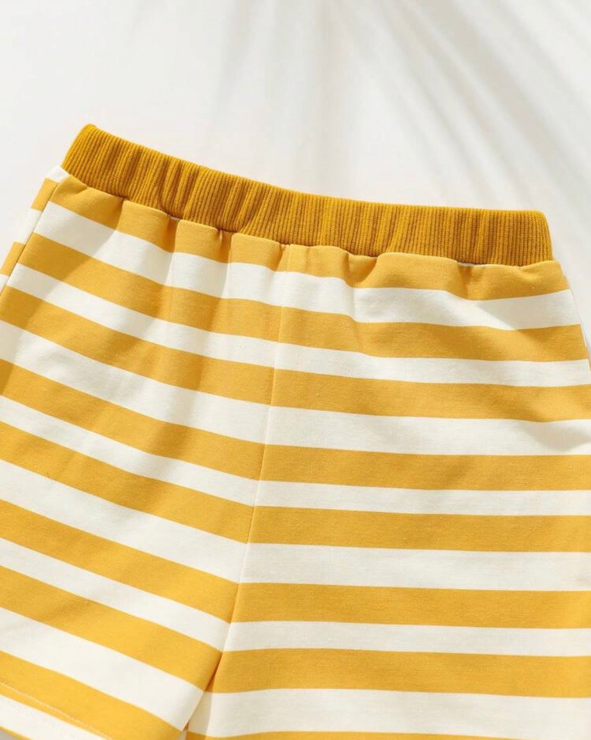 Cartoon Bear Pattern Knit Soft Crew Neck Short Sleeve Top And Striped Shorts
