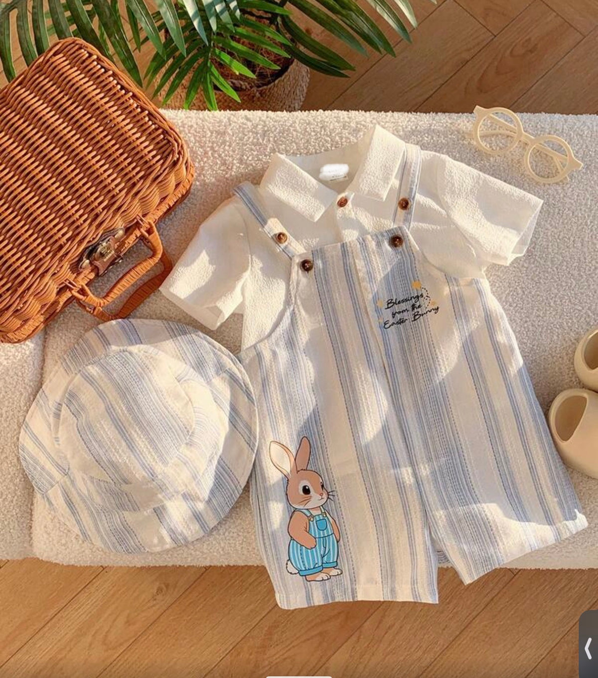 2pcs/Set Versatile Khaki Striped Bib Shorts With Matching Hat