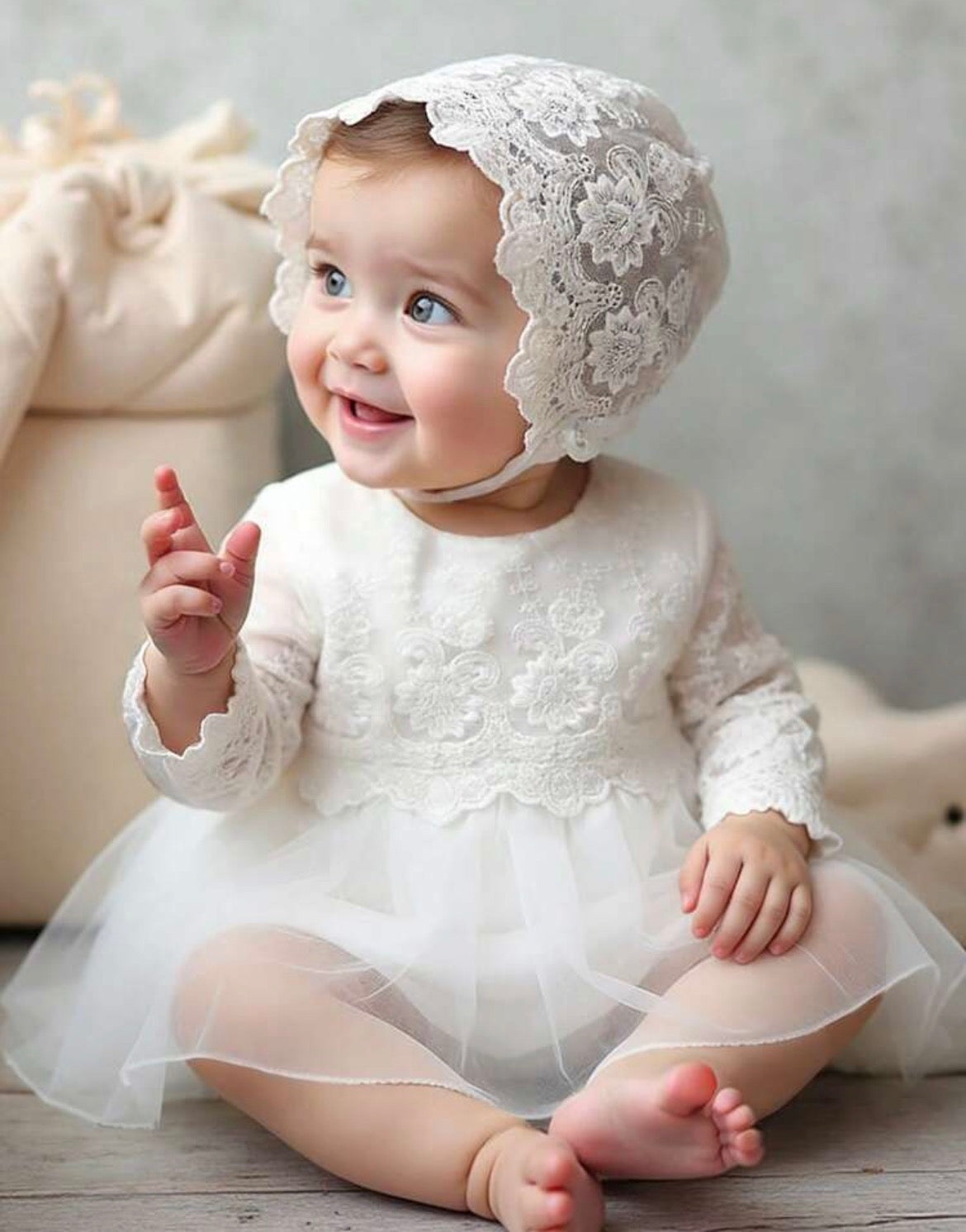 White Lace Dress,2 Pieces Puff-Sleeve Mesh Round Neck Fitted Christening Gown & Hat