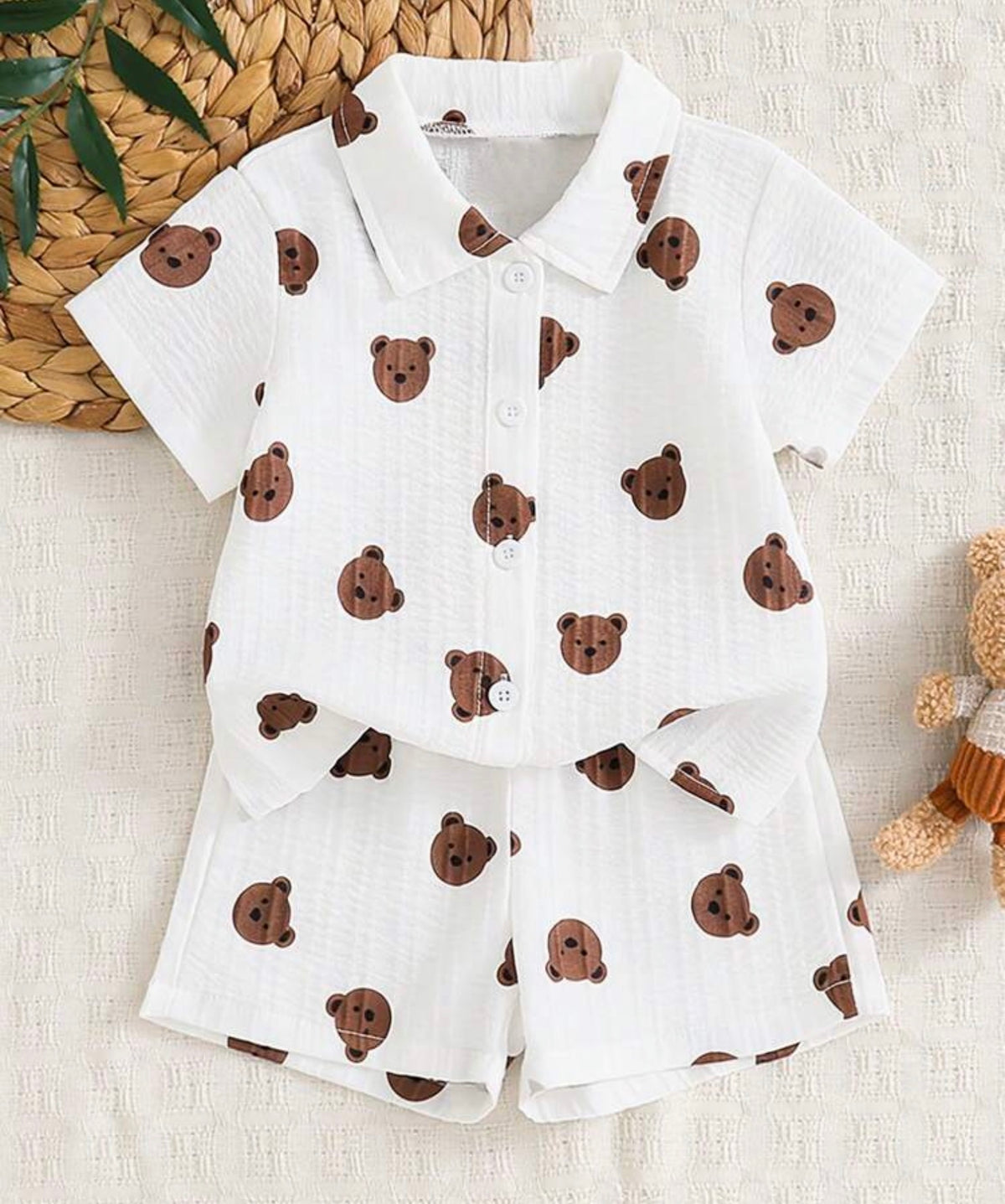 2pcs/Set Bear Pattern Collared Shirt Top + Elastic Waist Shorts,