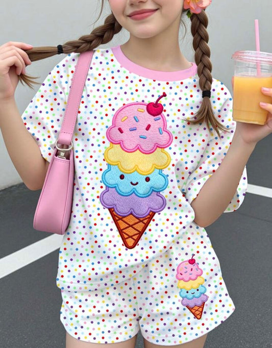 Ice Cream Pattern, Colorful Polka Dot Print shirt and Shorts