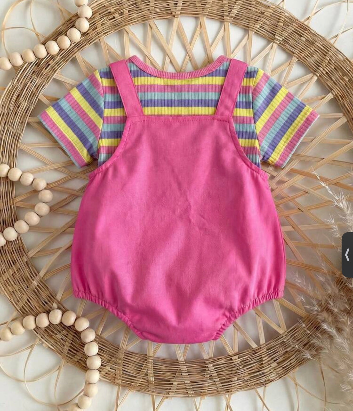 2pcs Set Pink Shirt  Matching Striped Overall
