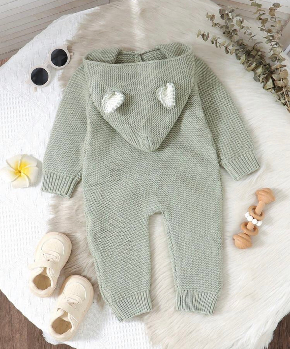 1pc Newborn Infants Solid Color Hooded Knitted Jumpsuit winter