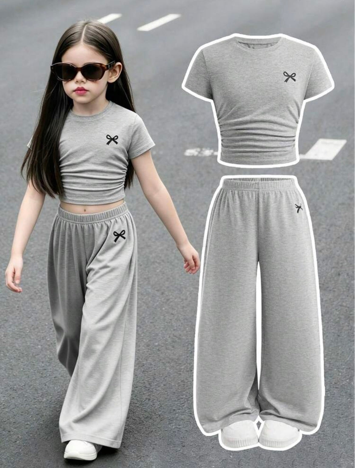 Bow Print Short Sleeve Top And Loose Fit Pants