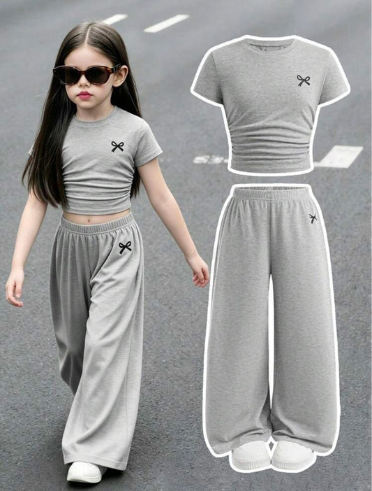 Bow Print Short Sleeve Top And Loose Fit Pants