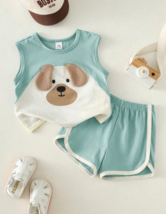 2pcs/Set Cartoon Print Contrast Color Sleeveless Vest & Shorts Set