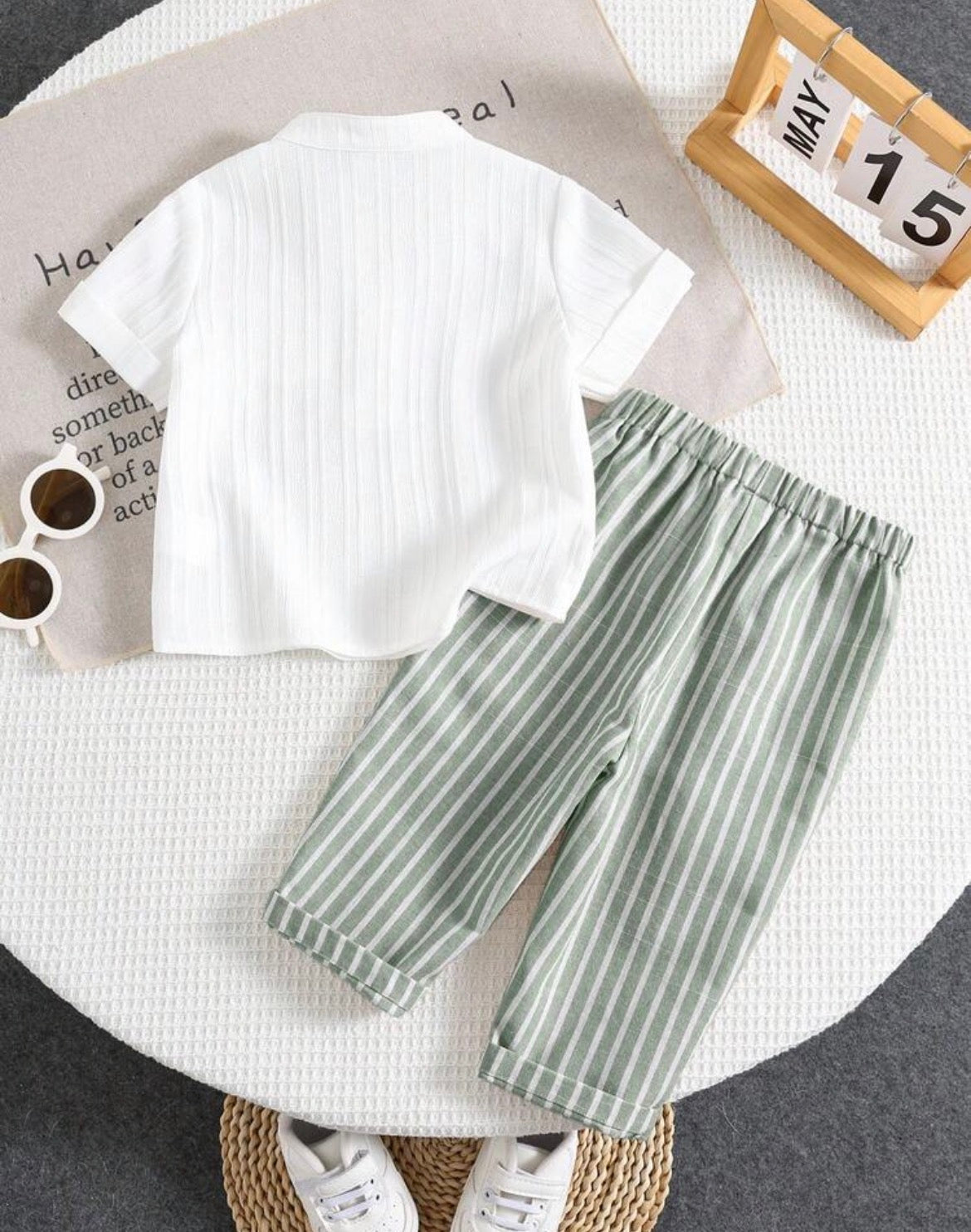Striped Co-Ord Set Casual Short Sleeve Stand Collar Shirt And Pants Patched Regular Fit
