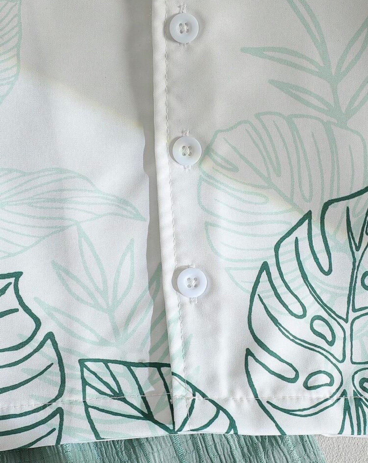 Leaf & Plant Print Polo Collar Shirt + Solid Color Textured Shorts