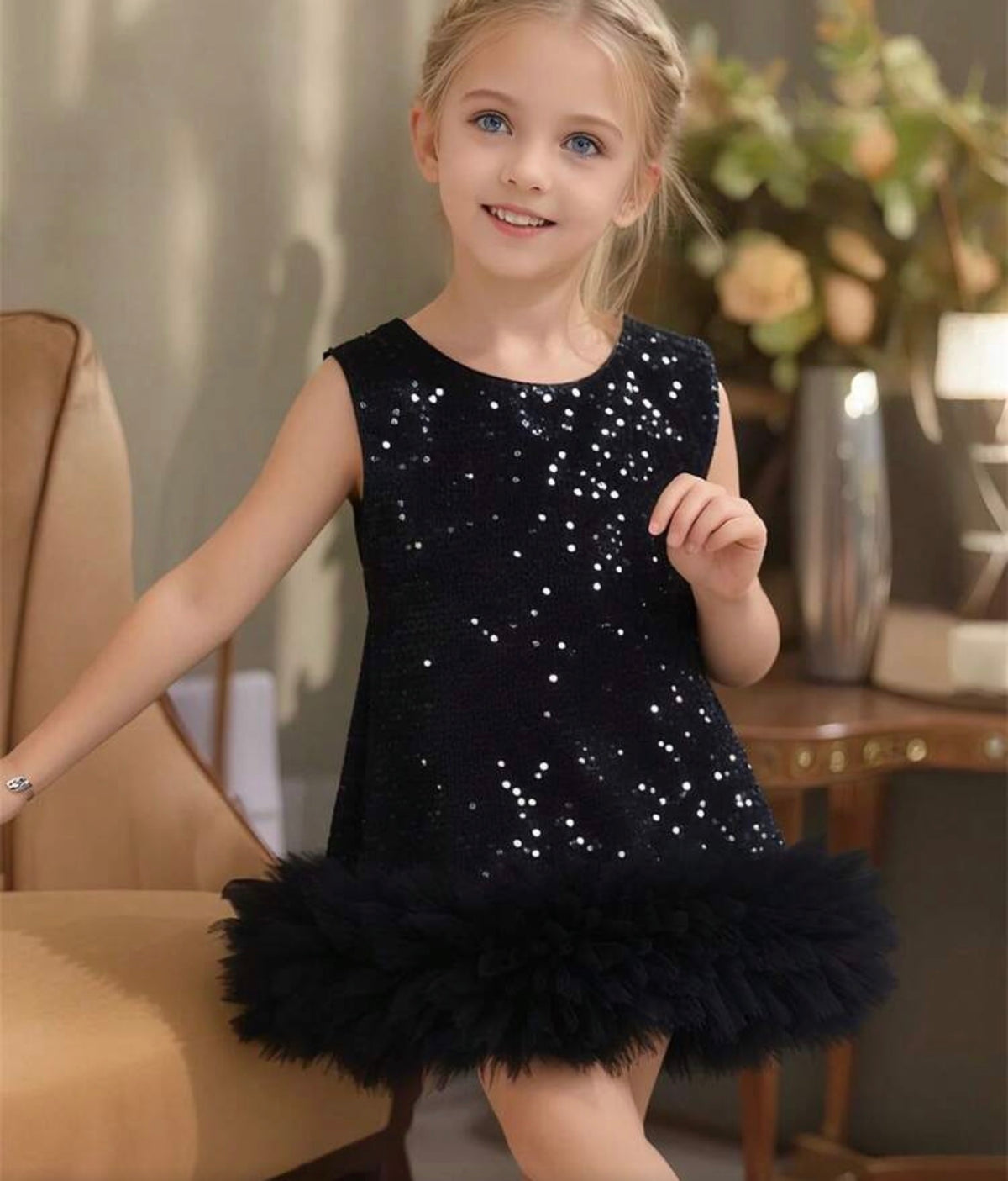 Contrast Sequin Mesh Hem Party Dress