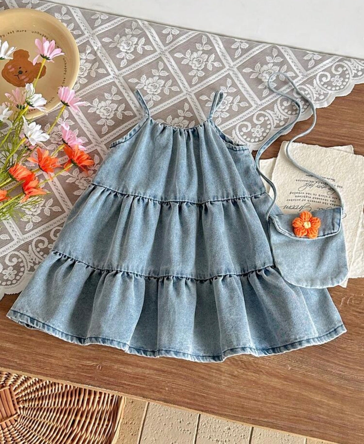 3D Flower Decor Denim Sleeveless Dress & Bag Set,