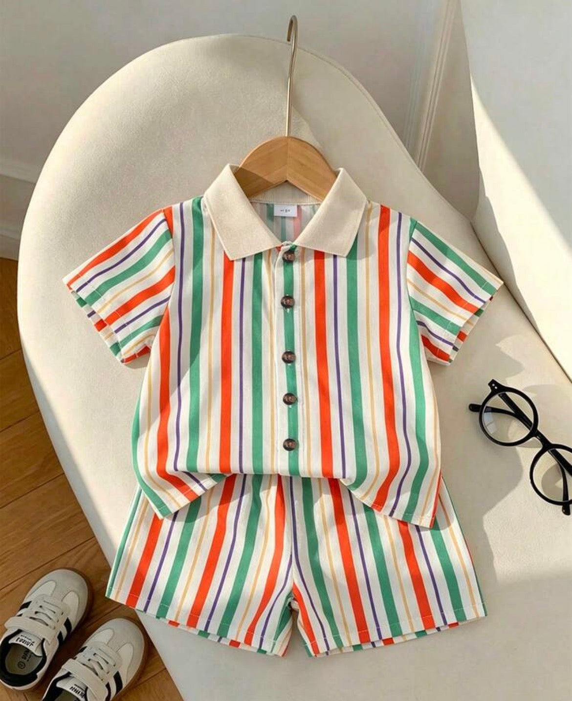 2pcs/Set Striped Collar Short Sleeve Shirt And Matching Shorts