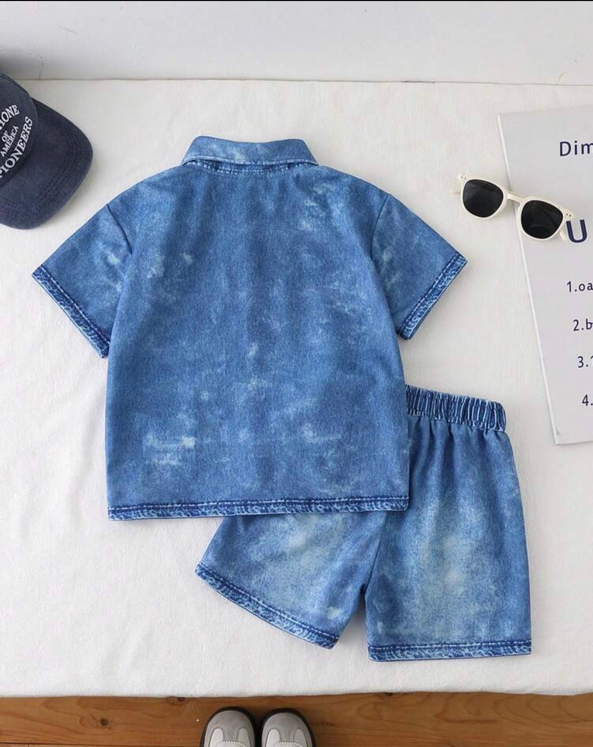 2pcs Denim Print Polo Collar Short Sleeve Shirt And Shorts
