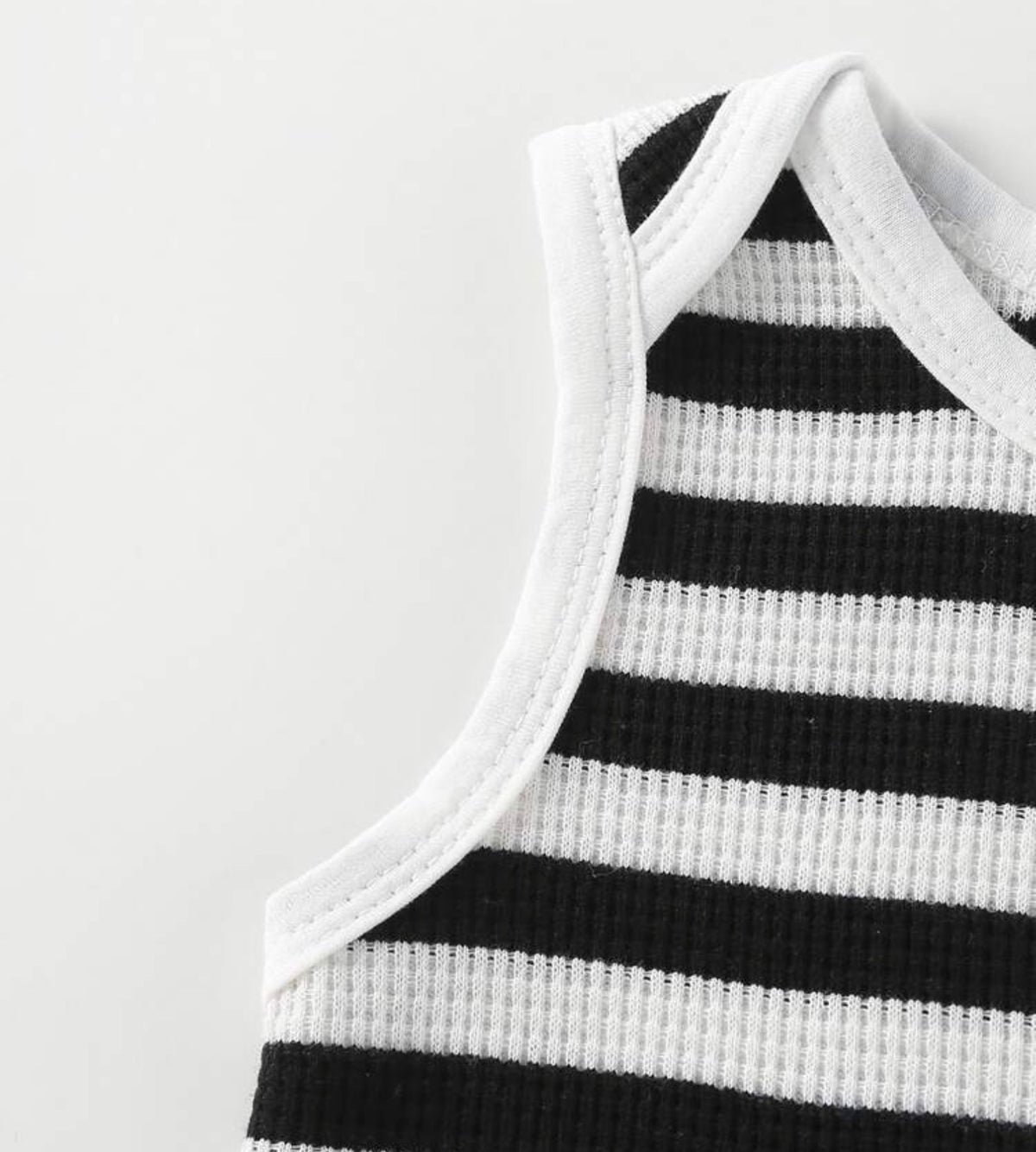 Black And White Striped Bear Embroidered Sleeveless Top With Shorts, 2pcs