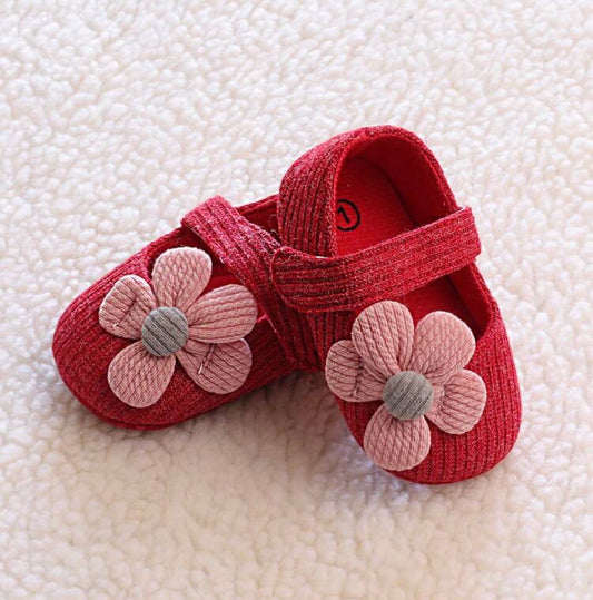 1 Pair Girls Bow Knit Fabric Floral Design Slip-On Shoes