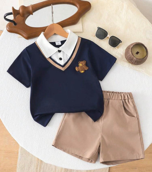 2pcs/Patchwork Contrast Polo Collar Short Sleeve T-Shirt And Solid Color Shorts With Pockets