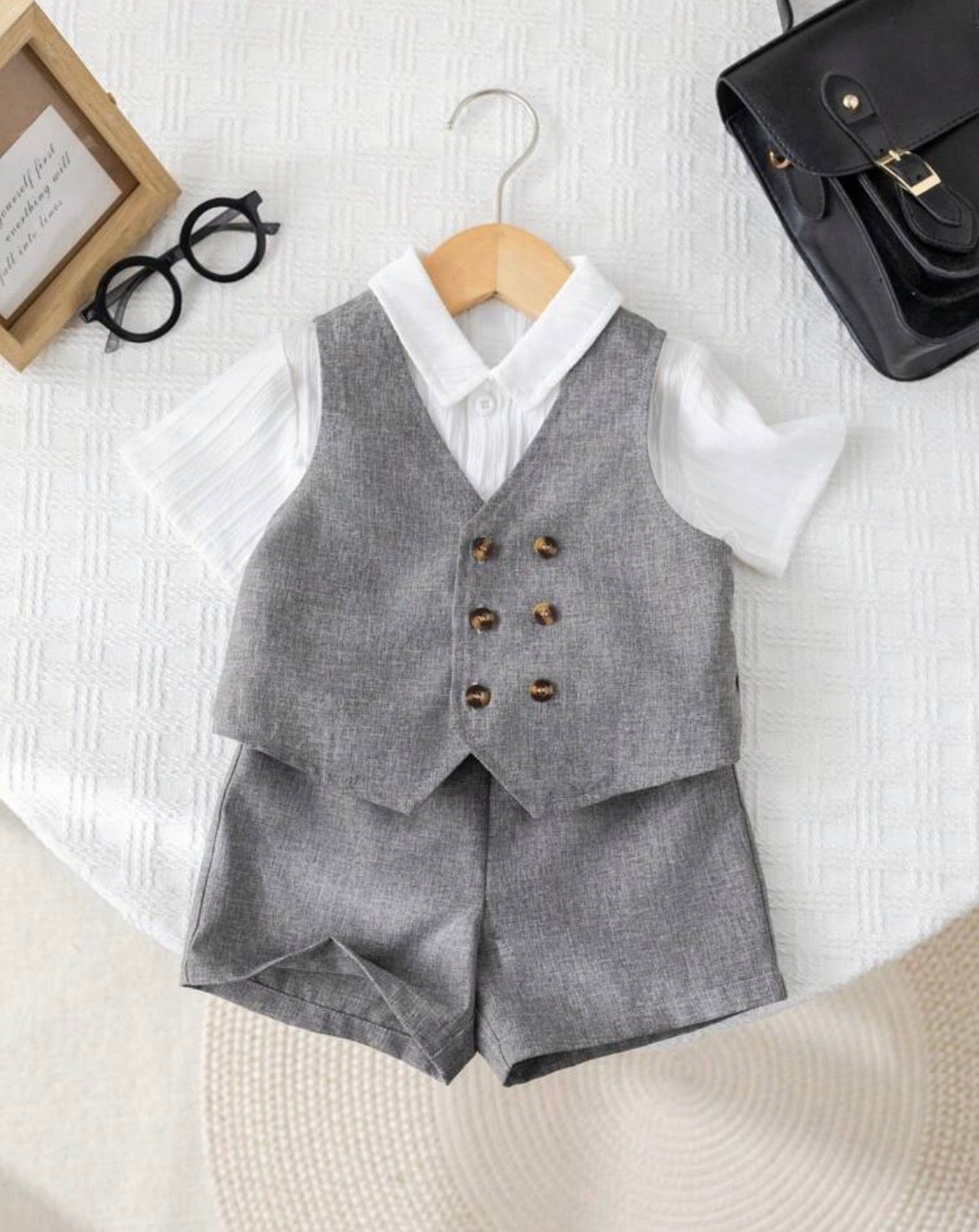 Korean Grey Double-Breasted Vest And Shorts Set