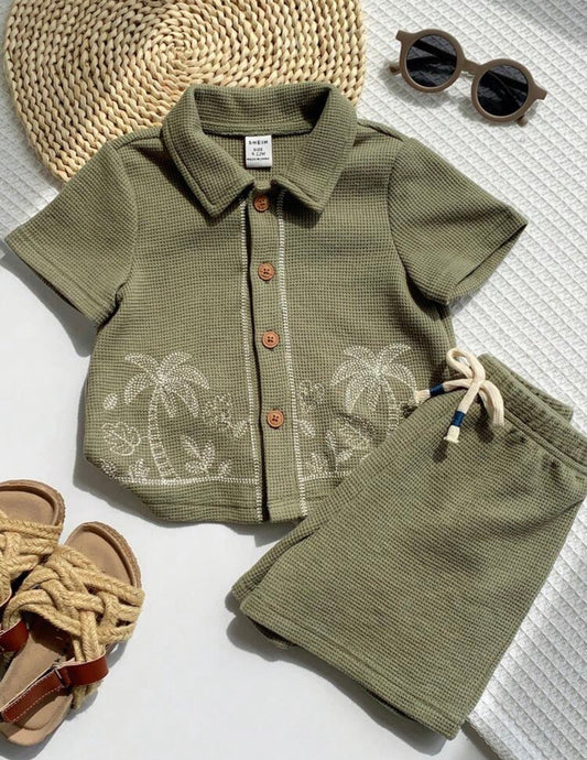 2pcs Unisex Baby Boy/Girl Plant Embroidery Waffle Shirt And Shorts