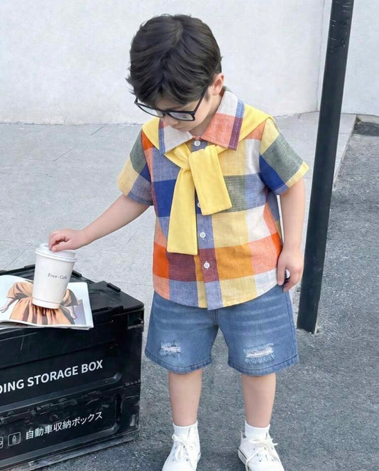 Plaid Pattern Short Sleeve Shirt Paired With Loose Shorts