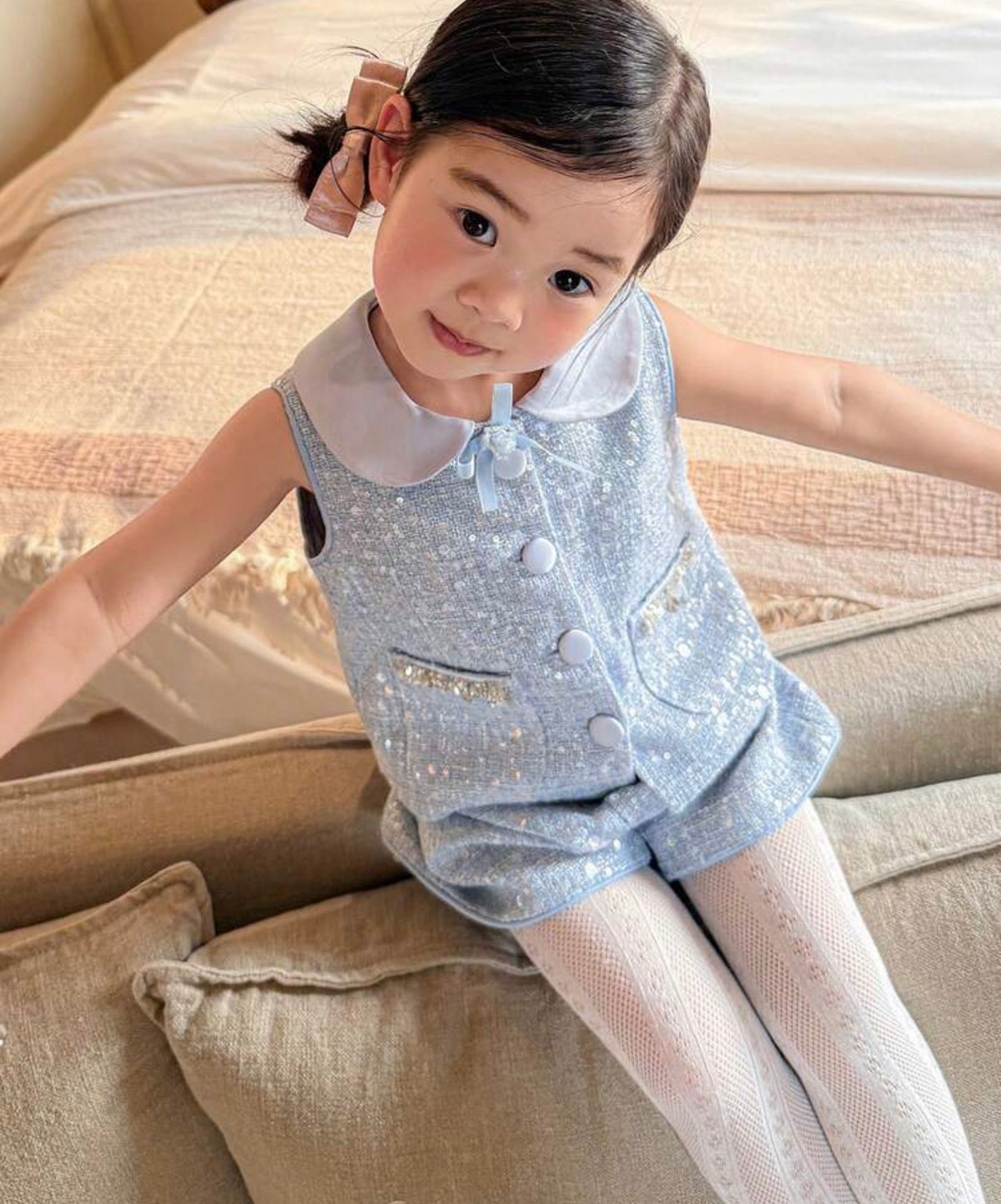 Peter Pan Collar Sophisticated Blue Vest & Shorts 2 Pieces