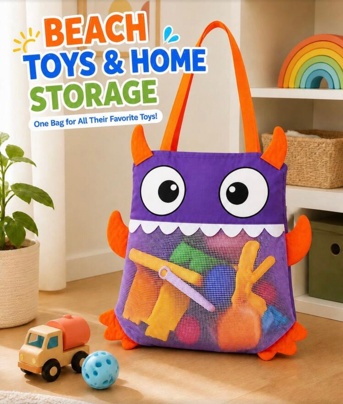 1pc Kids Beach Toy Bag, Large Foldable Mesh Tote, Cute Monster