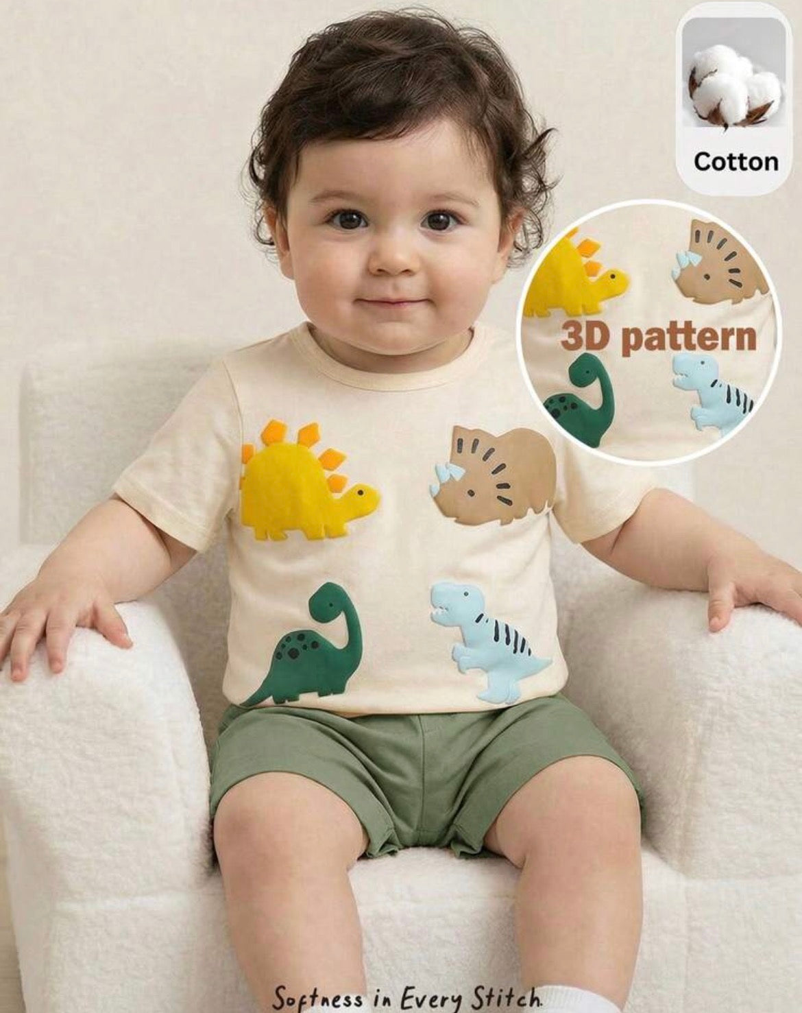Cartoon Dinosaur Pattern Knit Soft Round Neck Short Sleeve Top And Elastic Waist Pants