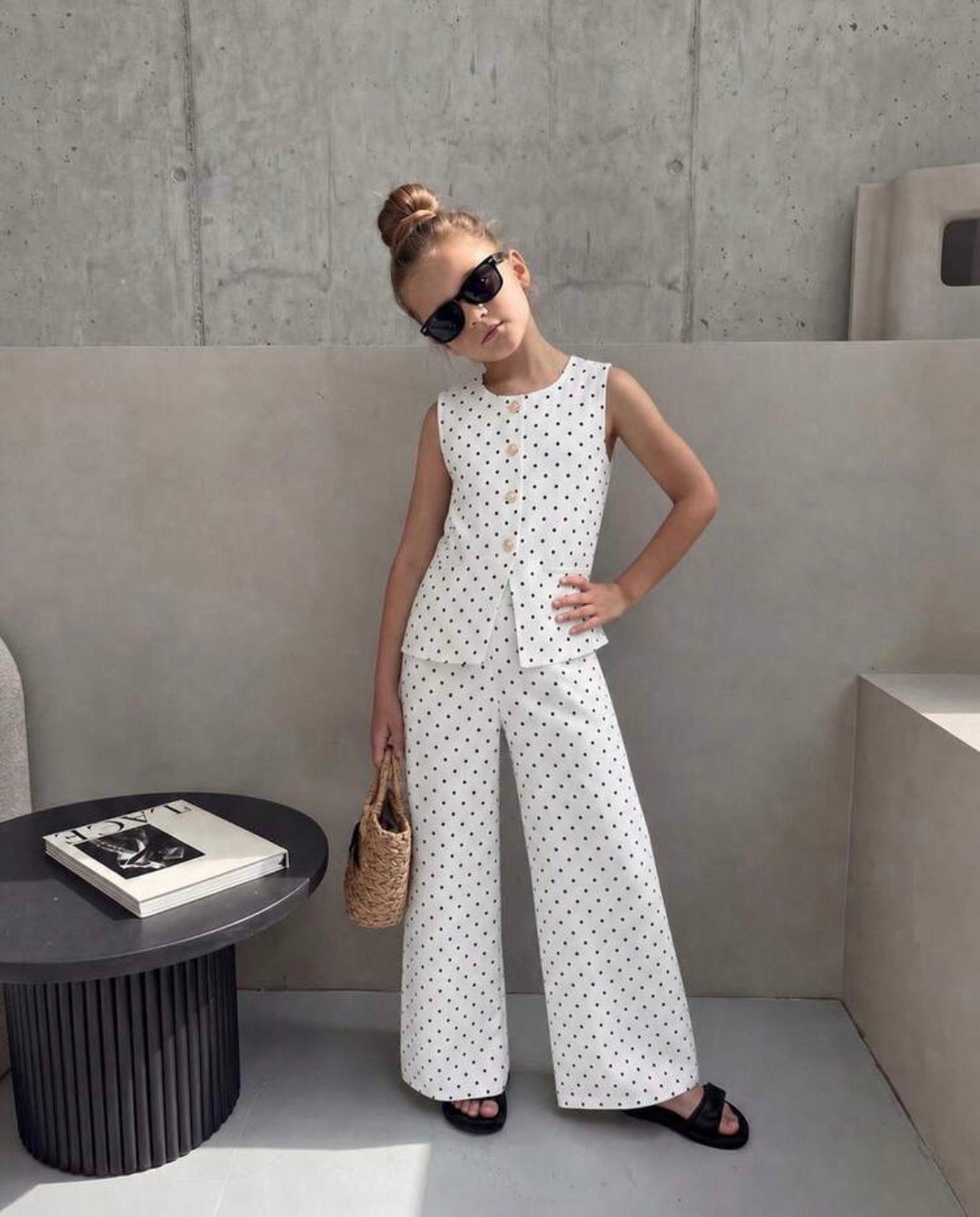 Polka Dot Print Blazer Vest And Straight Leg Pants White 2 Pieces
