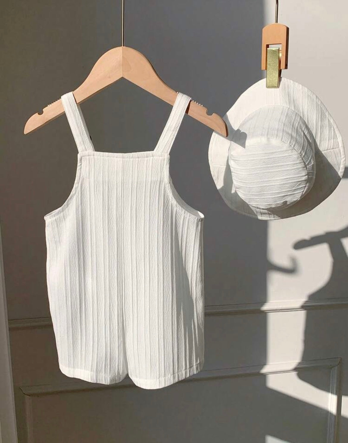 Casual Versatile White Romper With Bib Pants And Sun Hat Set