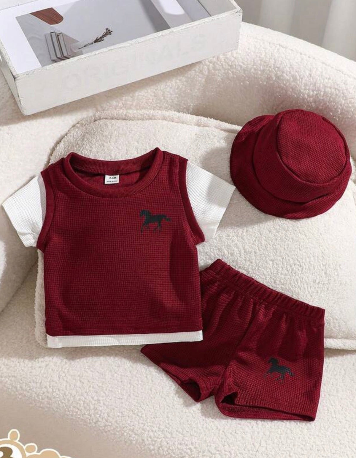 3-Pack Burgundy Waffle Fabric 2 In 1 Top Shorts & Hat Set