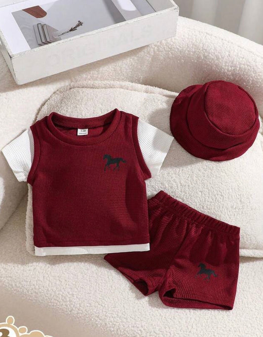3-Pack Burgundy Waffle Fabric 2 In 1 Top Shorts & Hat Set